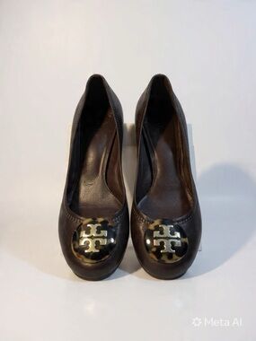 Tory Burch Dark Brown Leather Logo Ballet Flats with Tortoiseshell Emblem
